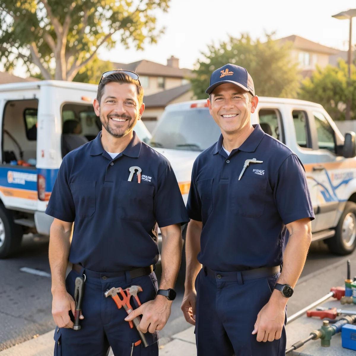 Friendly plumbing crew in front of a service van in an Inland Empire neighborhood
