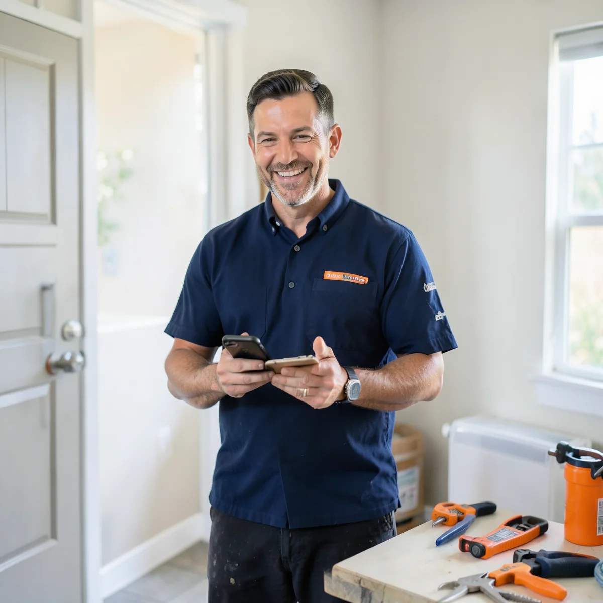 Plumbing technician with a phone and clipboard near a home entryway