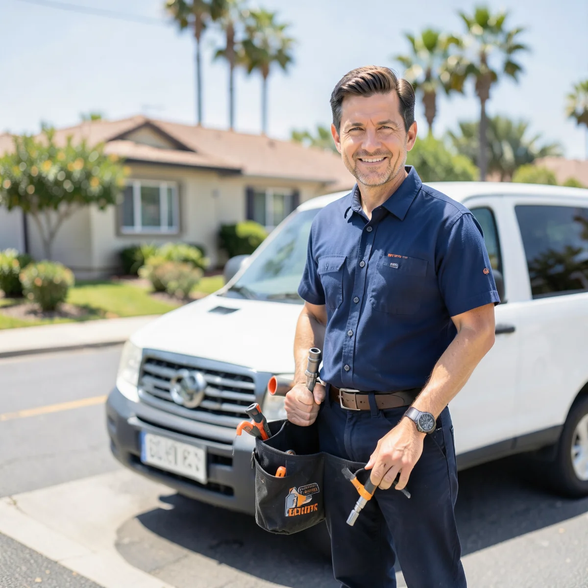 Local Plumbing Colton CA technician beside a service van on a sunny Colton street
