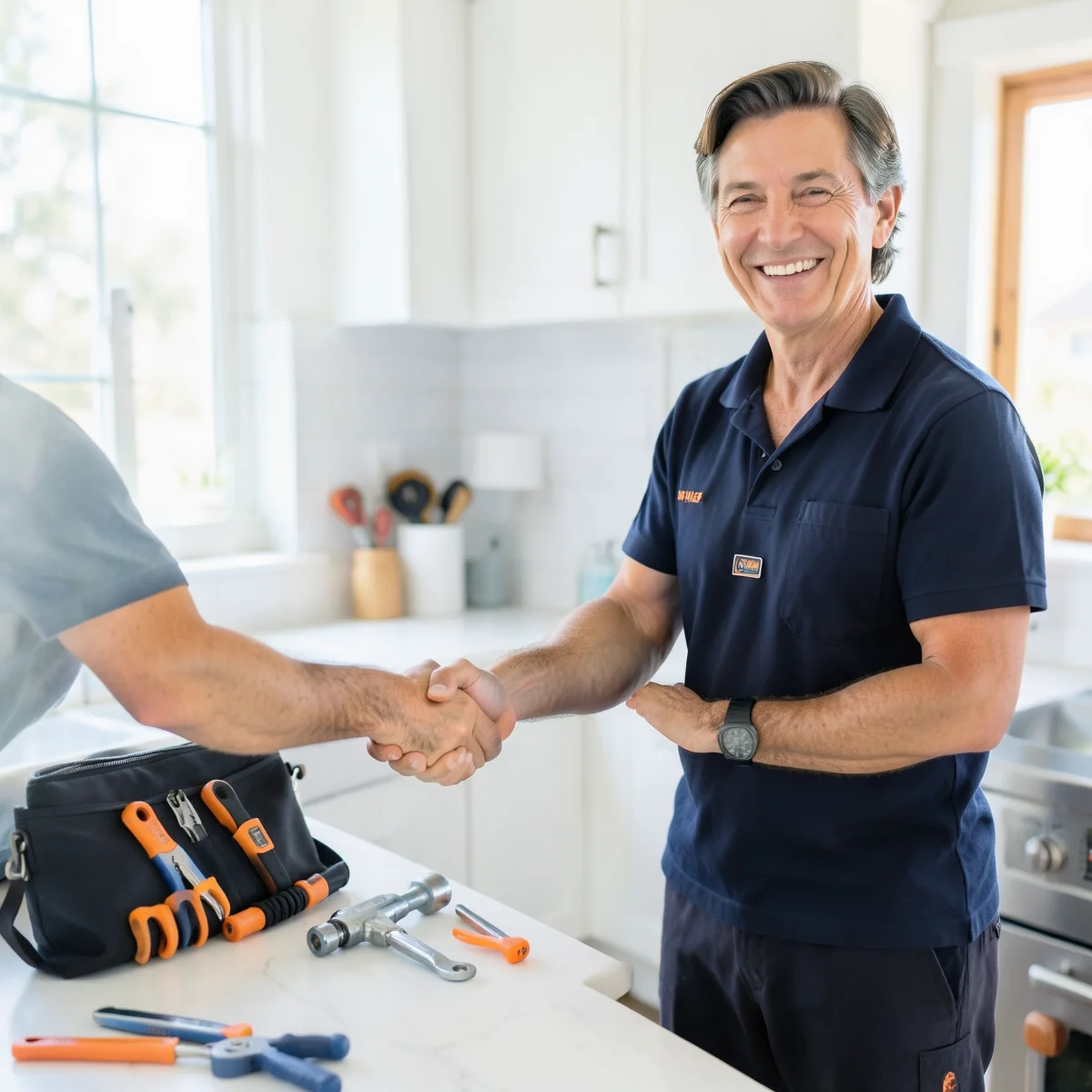 Satisfied homeowner shaking hands with a plumber in a bright kitchen